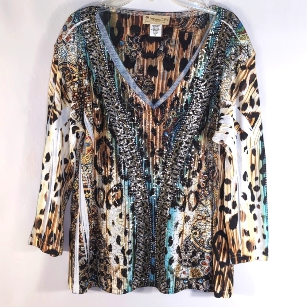 Impulse California 3/4 Sleeve Fun Multicolor Animal Print Top Size LP